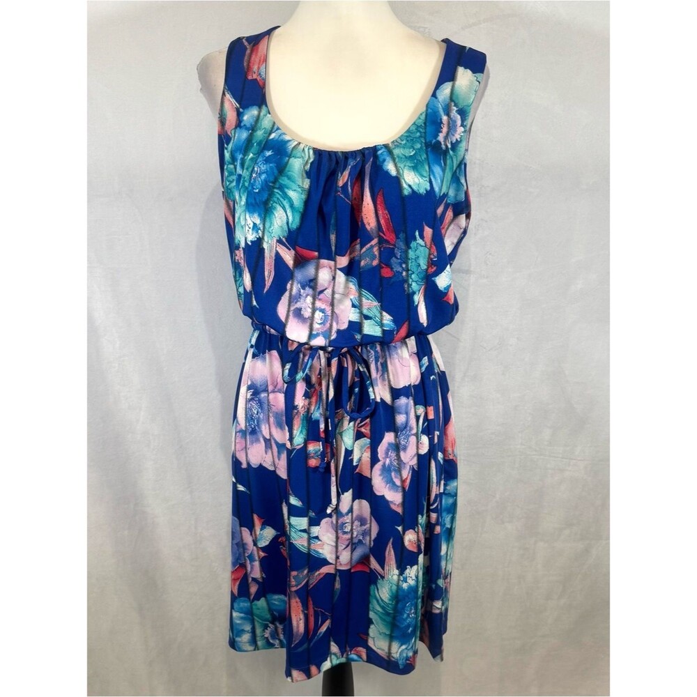 Nina Leonard royal blue floral faux pleated dress size medium